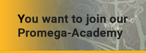 Graphic with the text 'You want to join our Promega-Academy' on a yellow-to-grey gradient background with a stylized cell structure pattern.